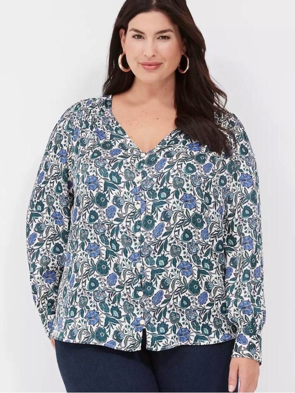 Lane Bryant Teal & Blue Floral Button-Down Blouse